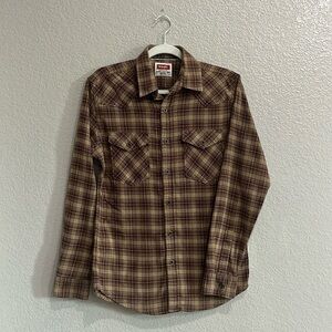 Men's Wrangler Cloud Flannel Free To Stretch Shirt Size Small Plaid Tan